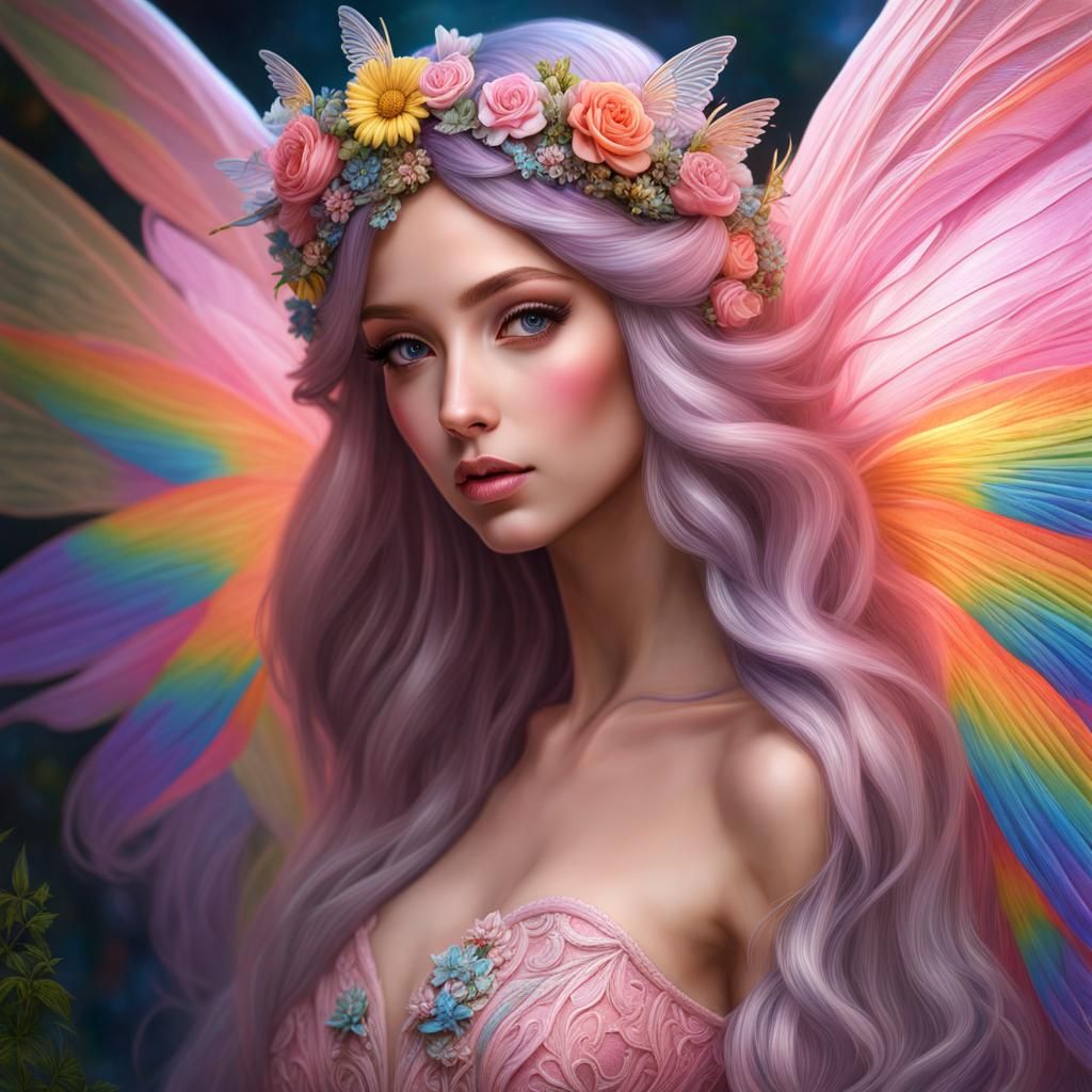 Pastel Fairy with Rainbow Hair in Hyperrealism Style