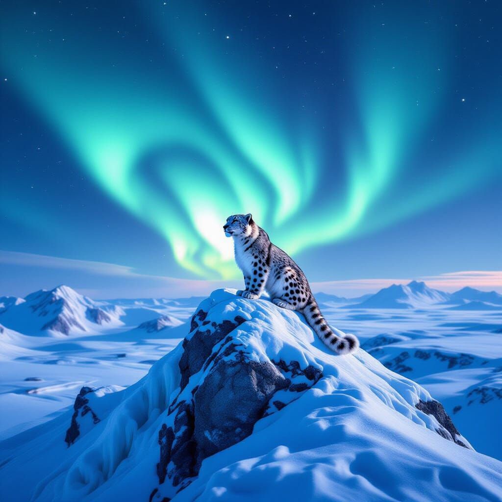Snow Leopard on Icy Peak Under Aurora Borealis