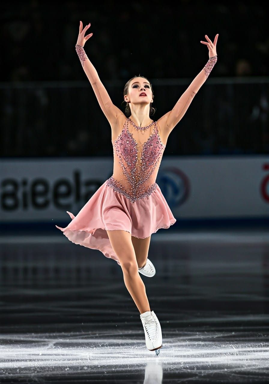 Ethereal Figure Skater in Rose-Hued Costume