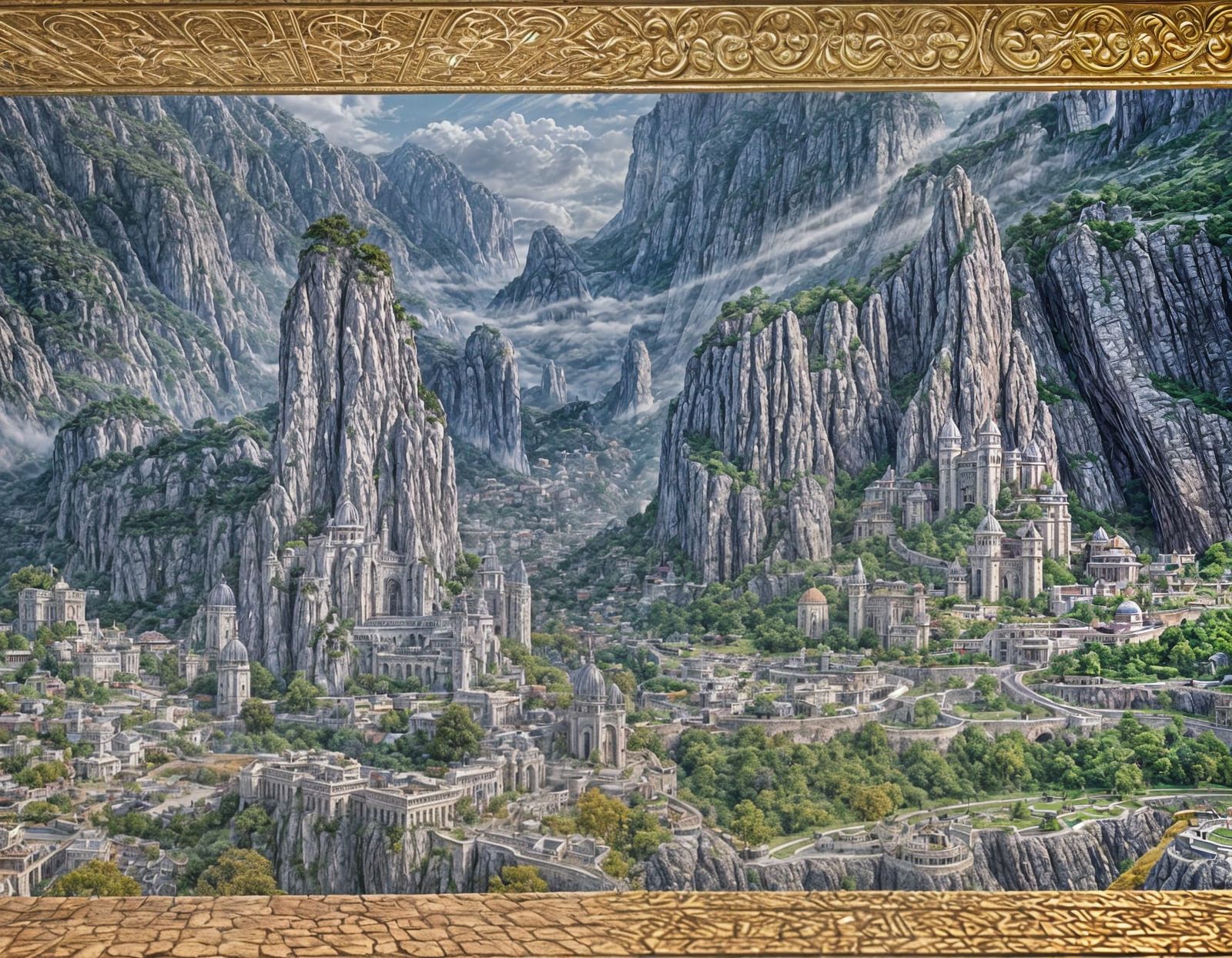 Hyperrealistic Marble City in Misty Mountains