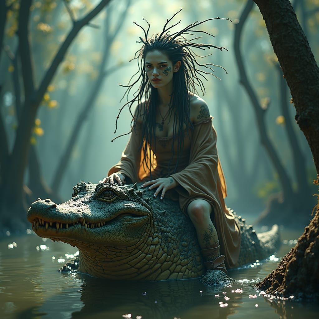 Mystical Voodoo Priestess Rides Crocodile in Pale Swamp
