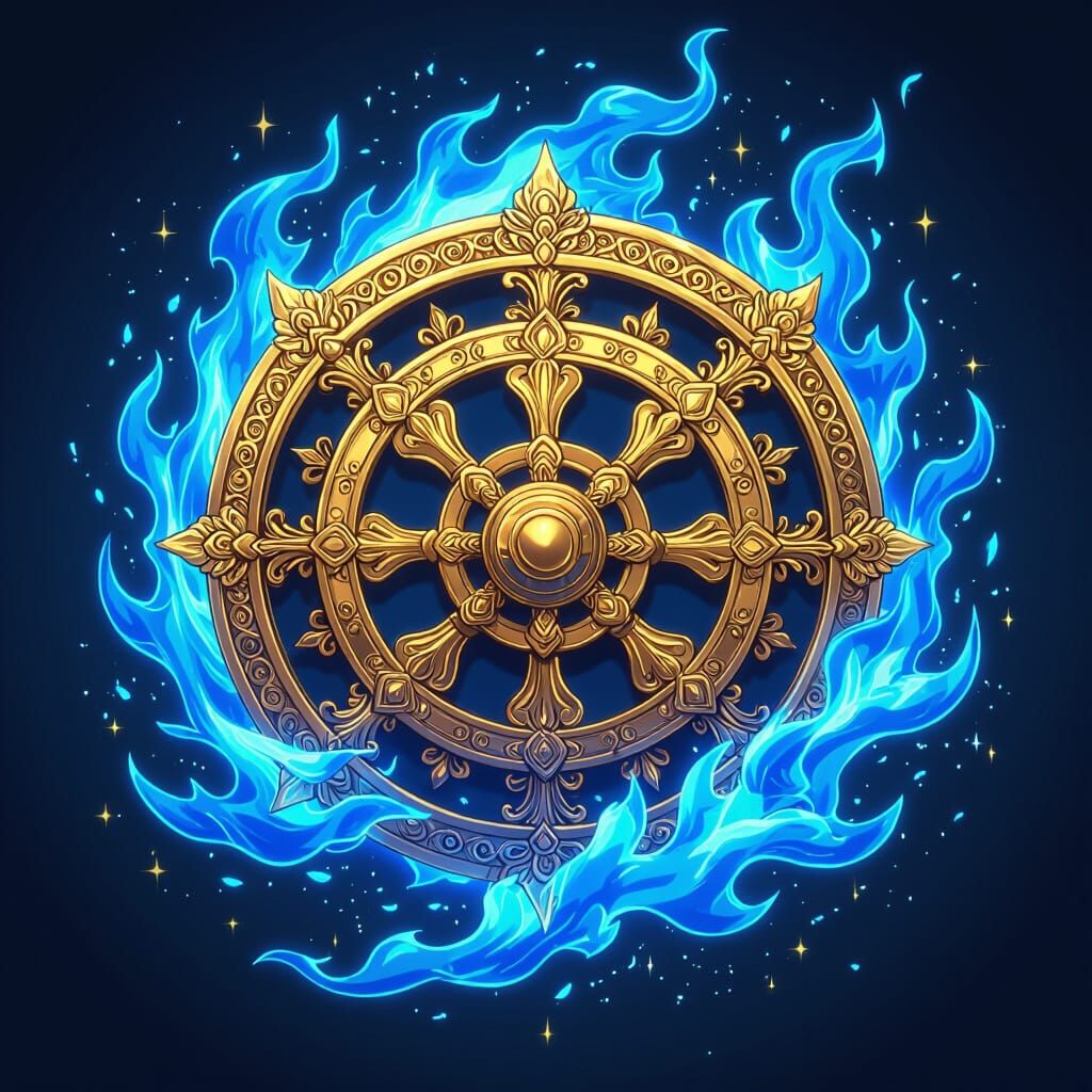 Dharma Wheel with Blue Flames, Anime Style