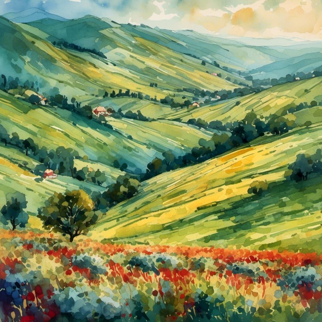 Plaid Hills in Gouache Watercolor Style