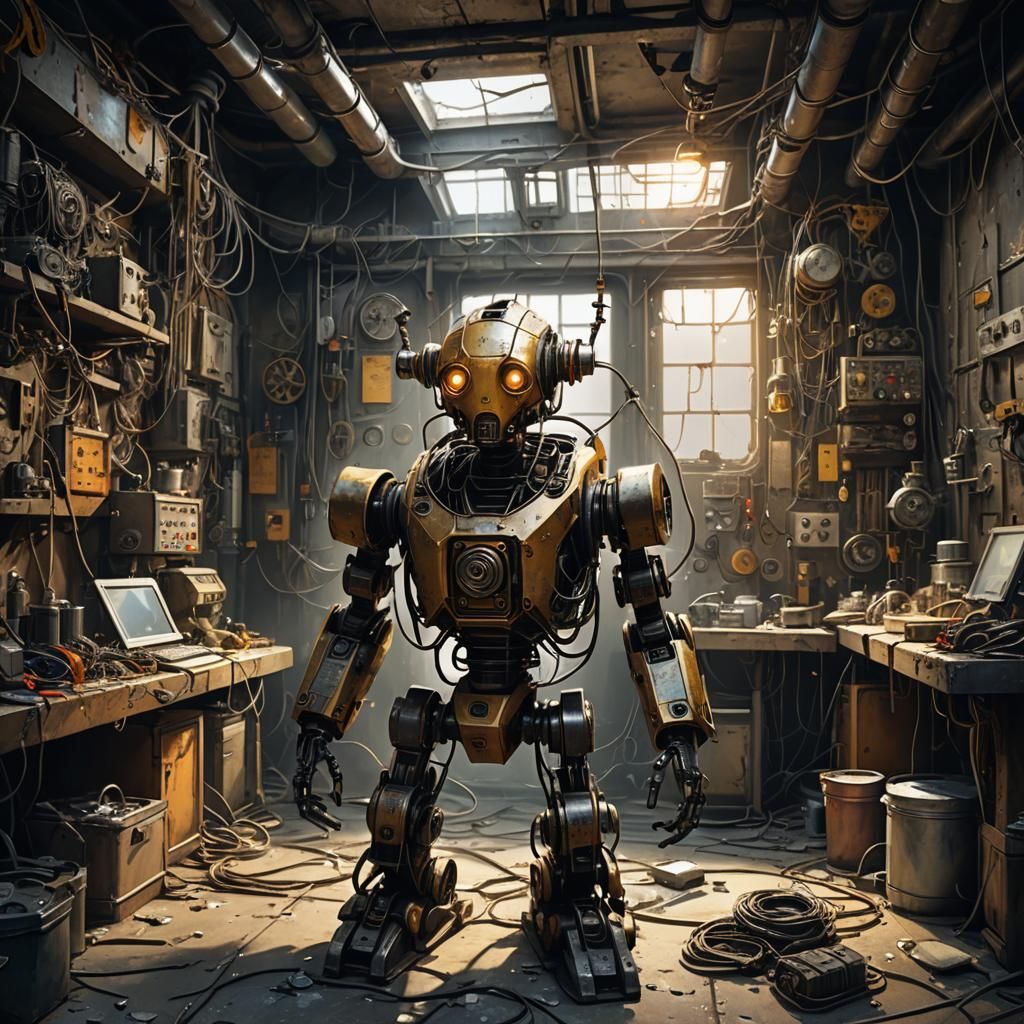 Sparbot Atom in Rundown Industrial Sci-Fi Lab