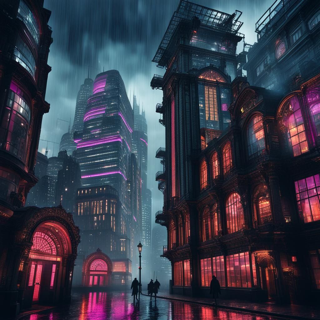 Steampunk London: 1800s Skyscrapers in Neon Rain