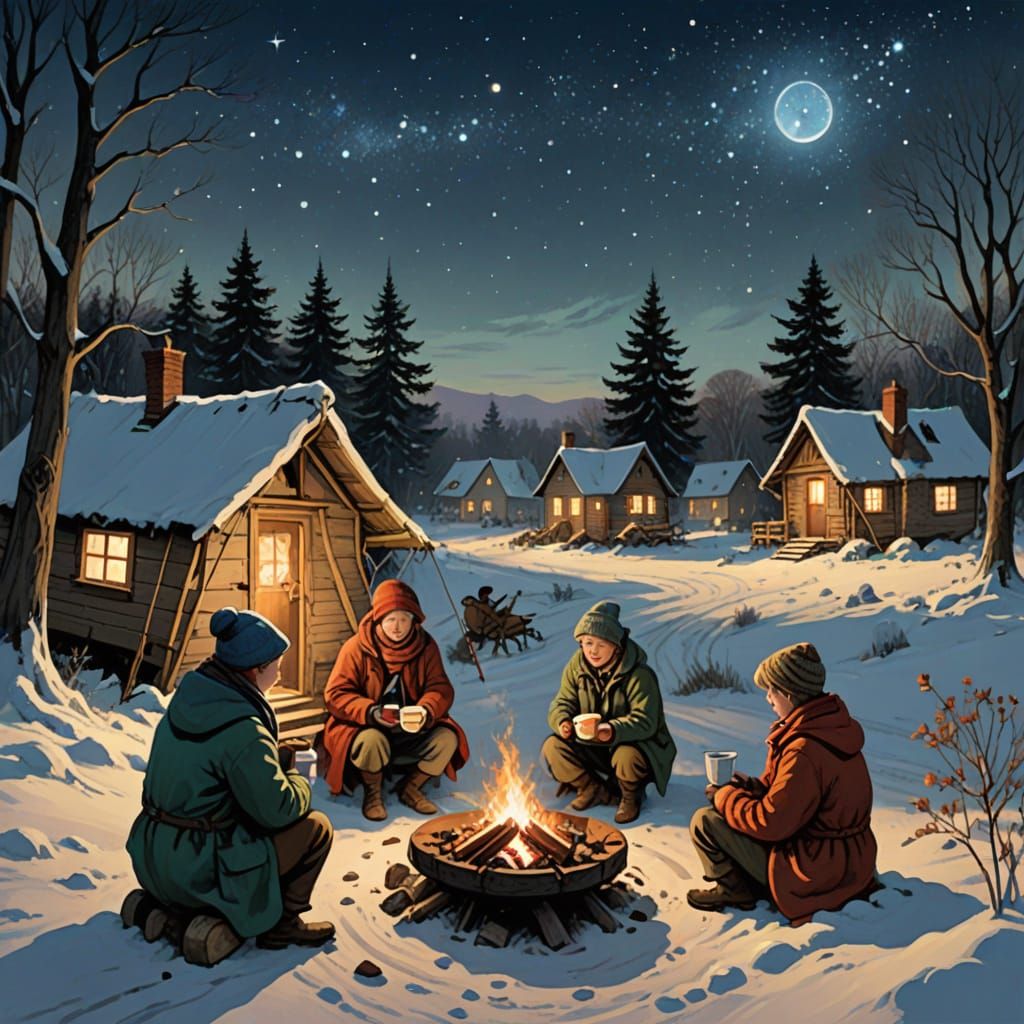 Cozy Campers Gather Around a Winter Campfire