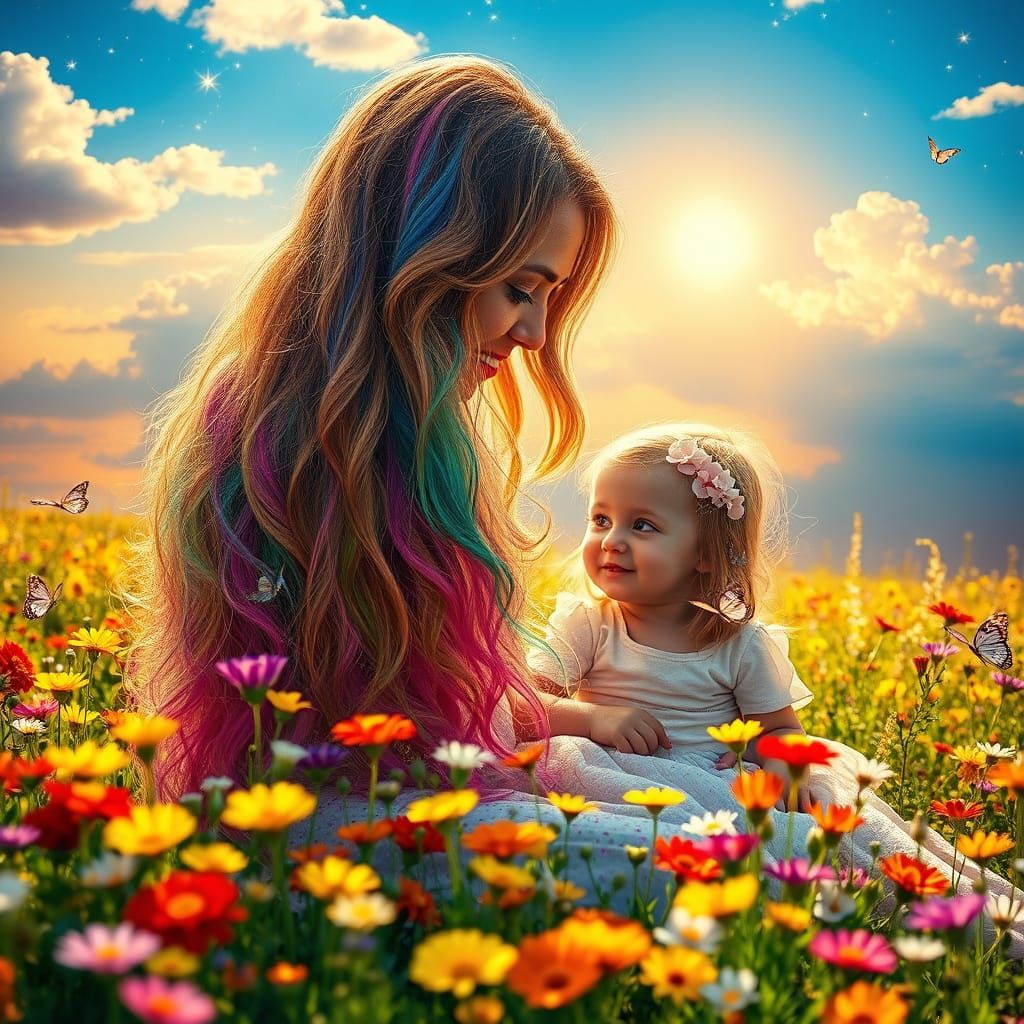 Mother and Daughter Bask in Radiant Wildflower Paradise