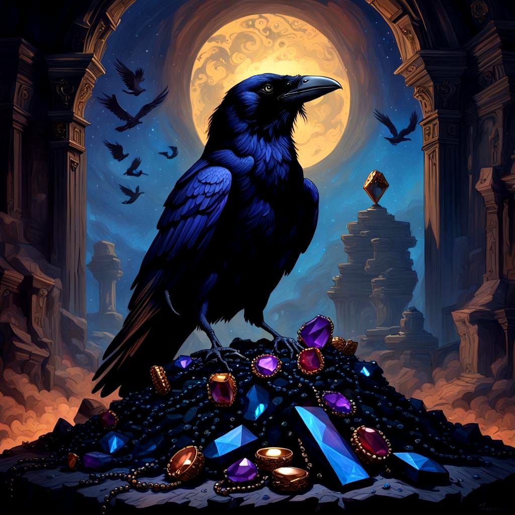 Mysterious Raven Adorned with Dark Jewels in a Haunting Port...