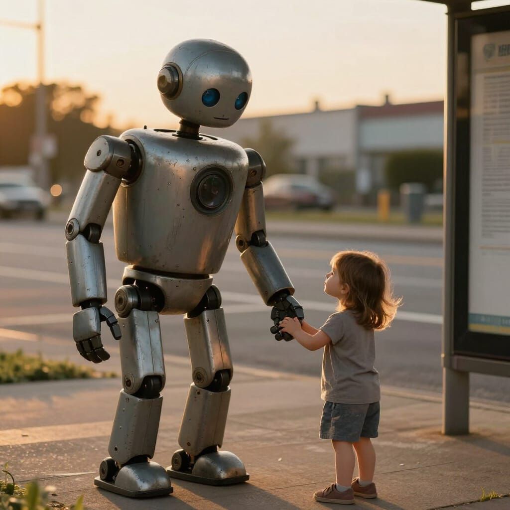 Child and Robot at Bus Stop at Sunset