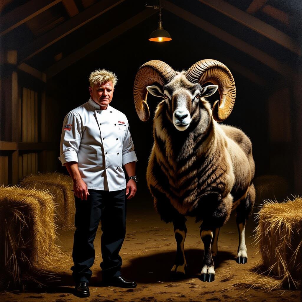 Gordon Ramsay & Ram in Barn, Hyperrealistic Oil Painting