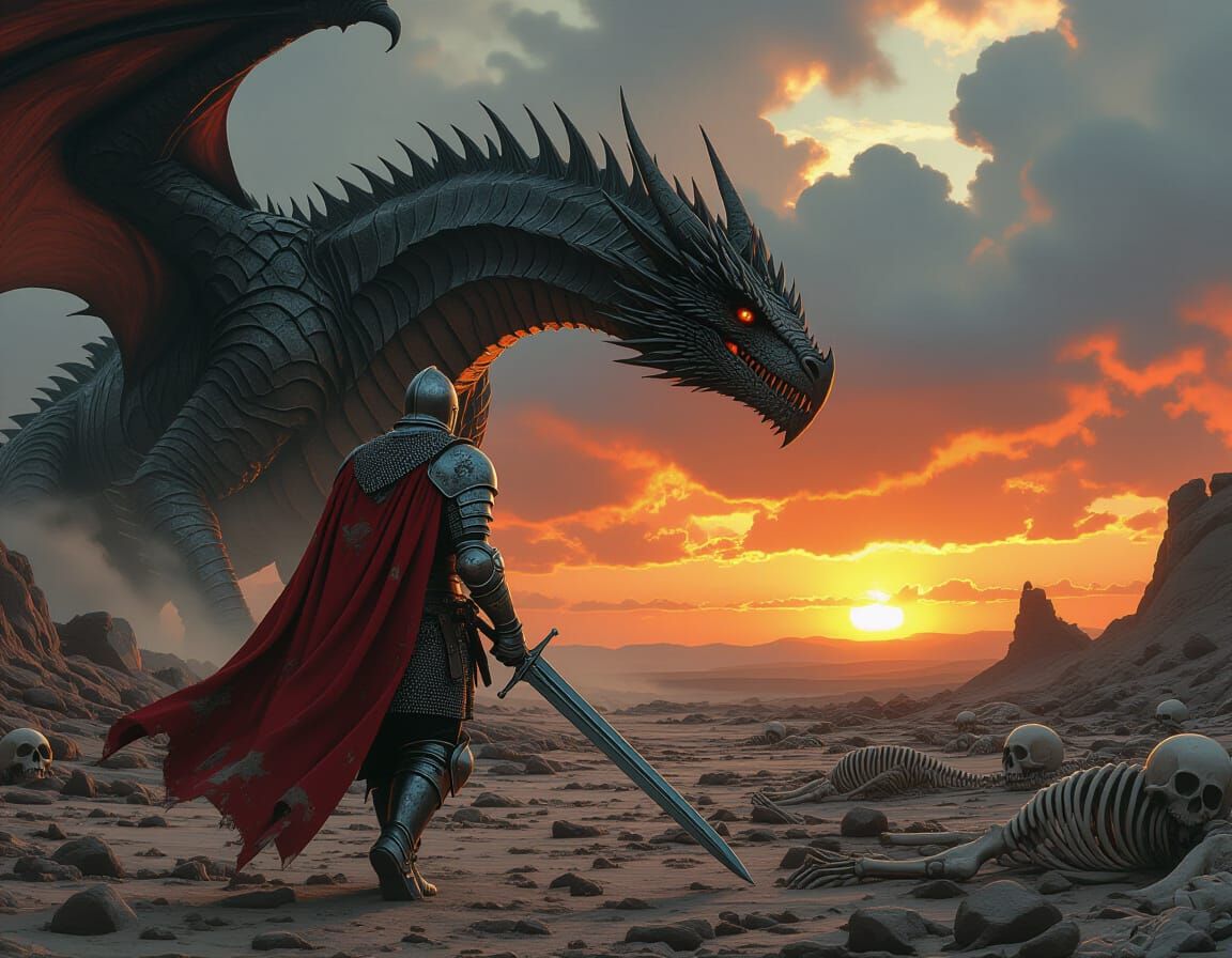 Knight Confronts Dragon in Rocky Wasteland
