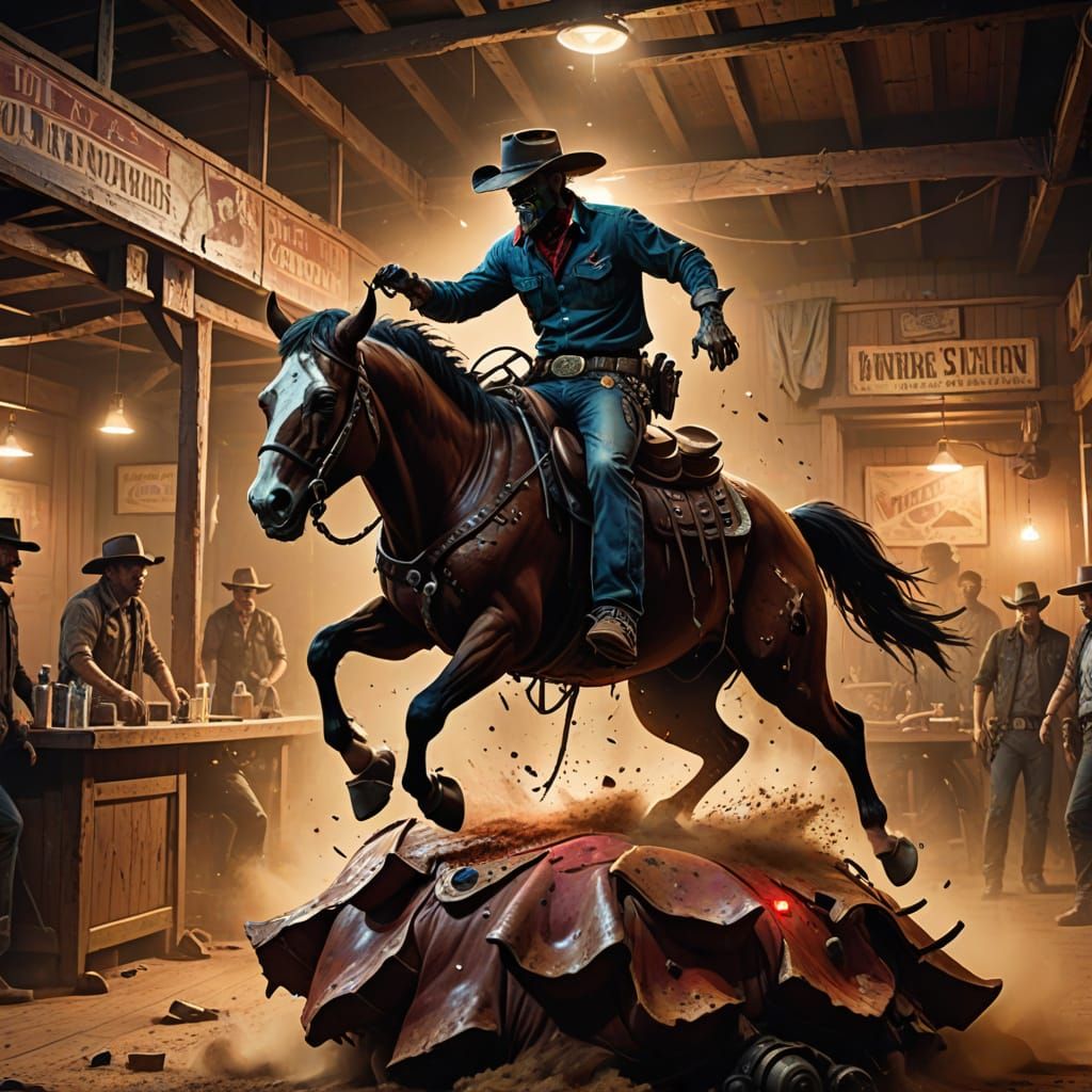 Zombie Cowboy Rides Mechanical Bull in Dusty Saloon