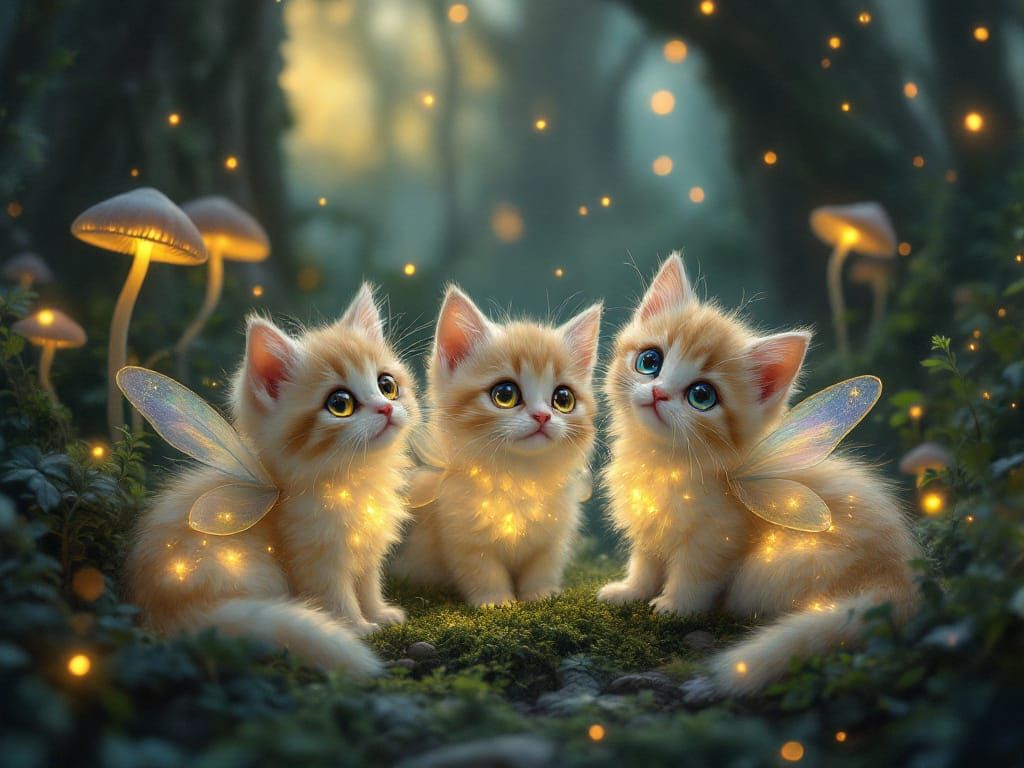 Fairy Kittens in Enchanted Forest at Dusk