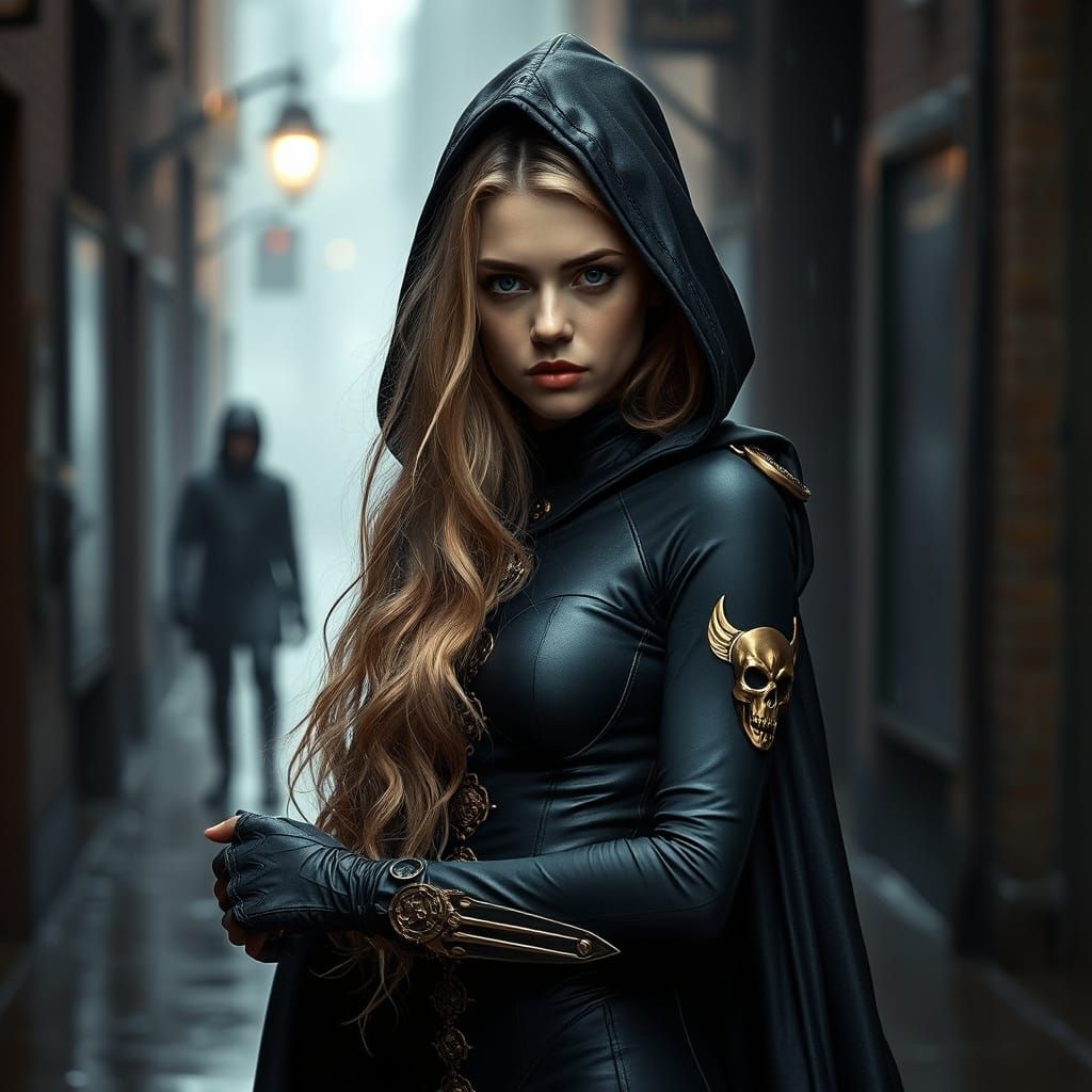 Gothic-Futuristic Woman in Rainy Alleyway
