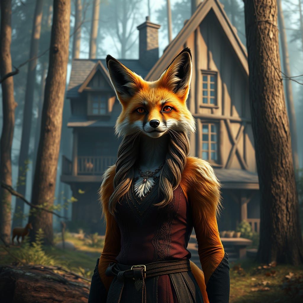 Ginger Fox Woman Amidst Forest Timber House in Deep Fantasy....