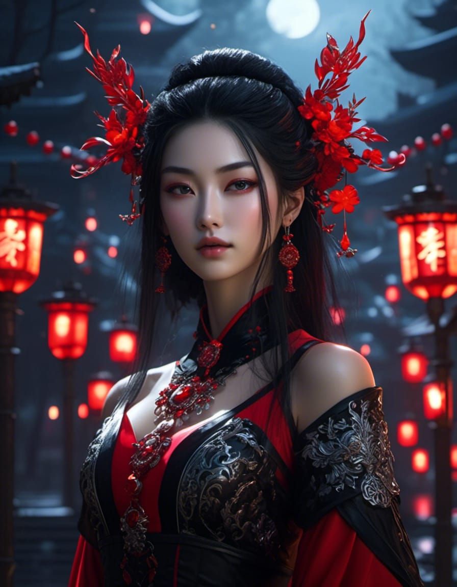Gothic Xianxia Woman Portrait in Red and Black