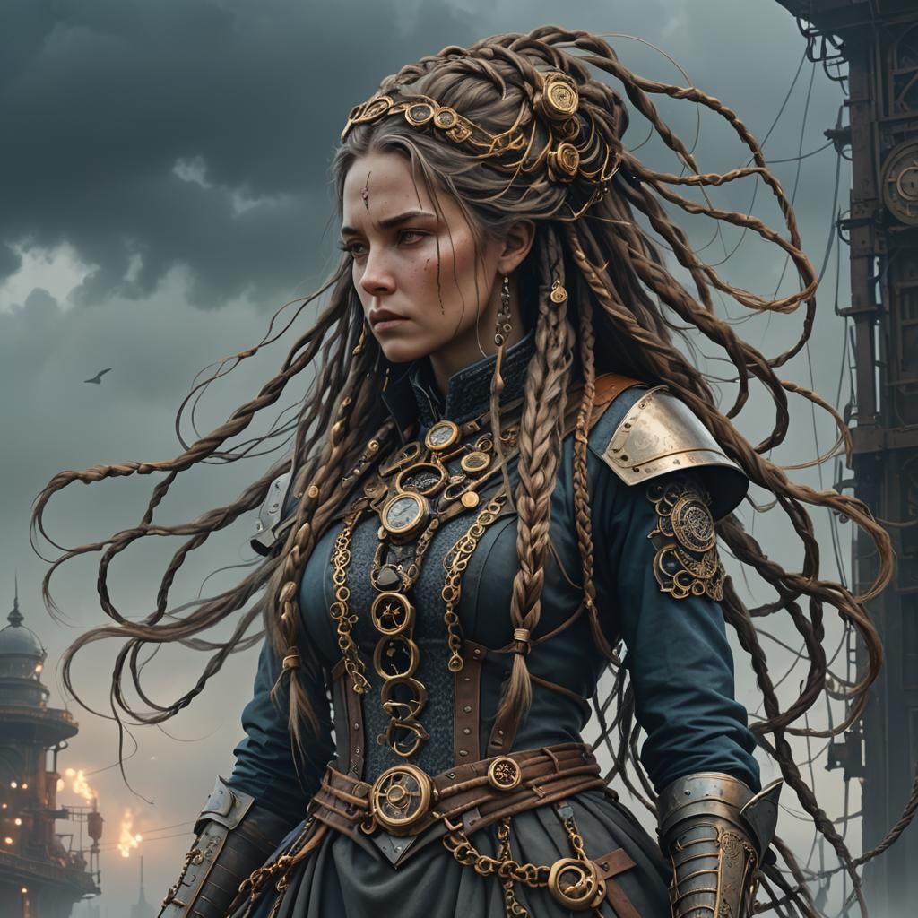 Steampunk Woman with Braided Hair in Mystic Setting