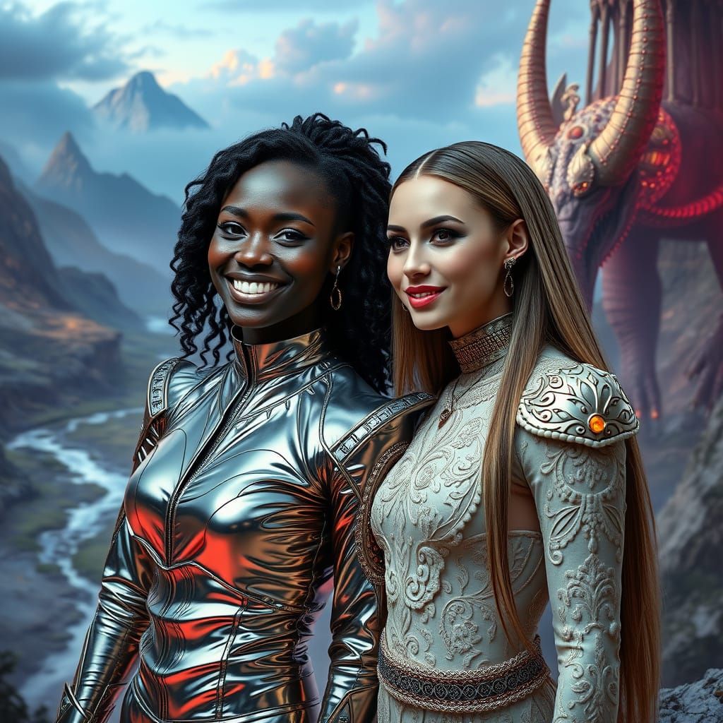 Futuristic Women in a Surreal Mountain Landscape