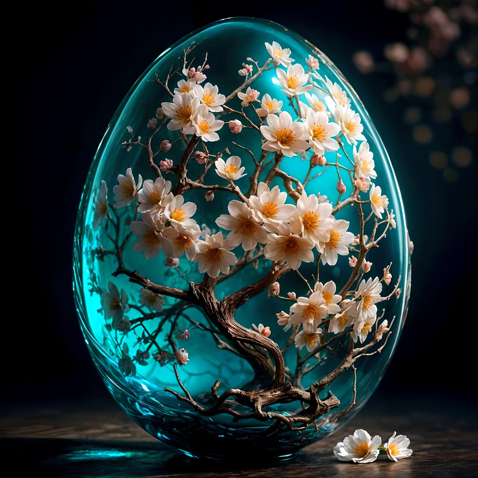 Ornate Glass Egg with Blooming Sakura Tree: 3D Render