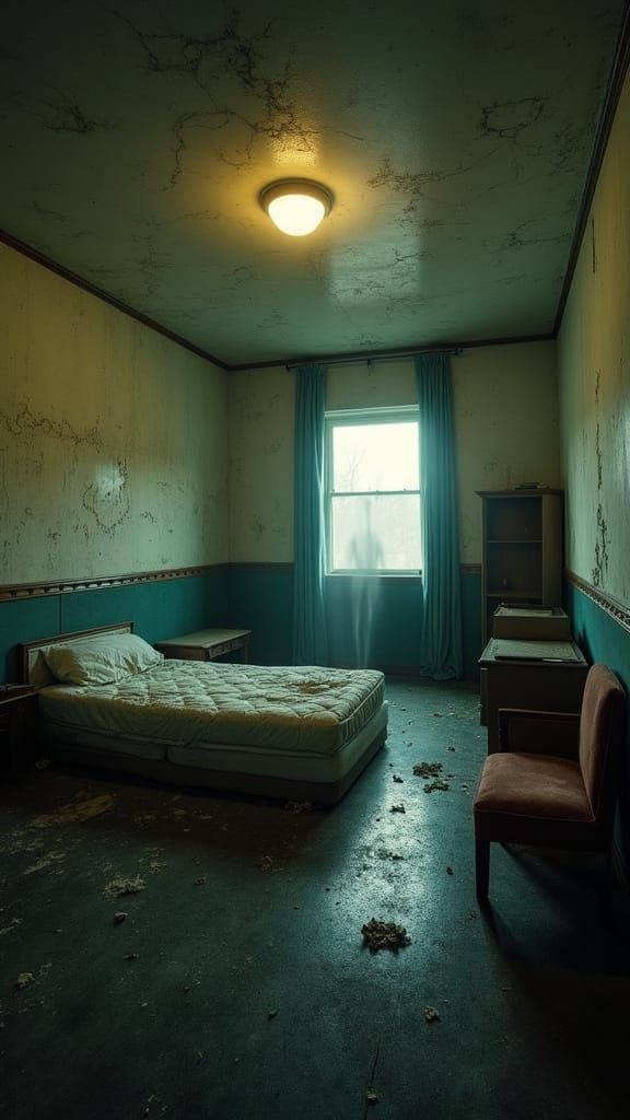 Abandoned Motel Room in Decay, Flickering Light