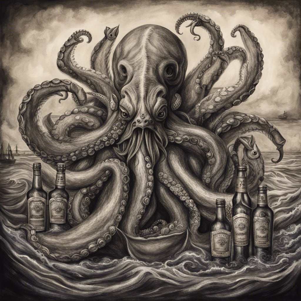 Hyperdetailed Charcoal Drawing: Sea Kraken with Booze
