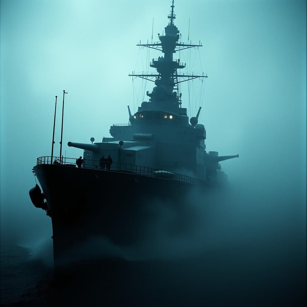 Ominous Naval Destroyer in Wartime Mist