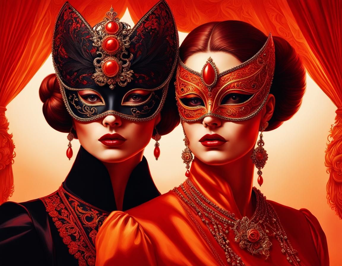 Masked Women in Ballroom: Detailed Concept Art
