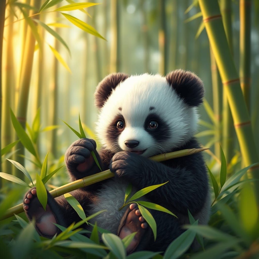 Cute Baby Panda in a Vibrant Bamboo Forest