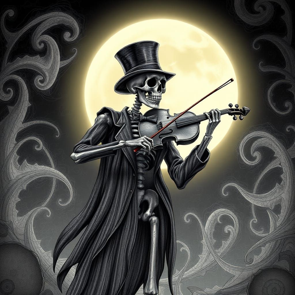 the full-body image of the skeleton playing the violin under...