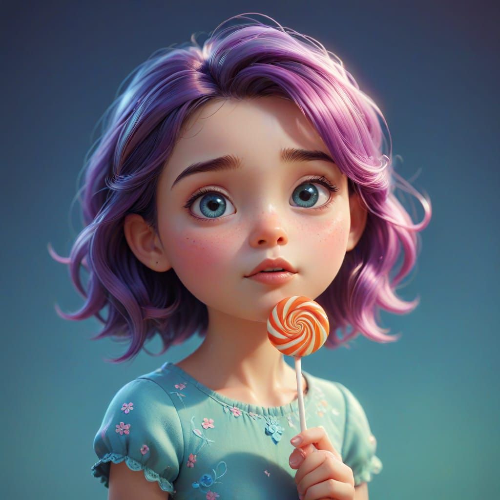 Little Girl Licking Lollipop in Dreamy Surreal Style