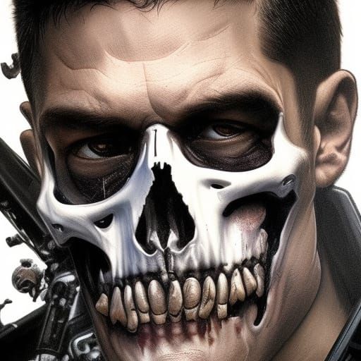 Realistic Punisher Portrait with Skull T-Shirt