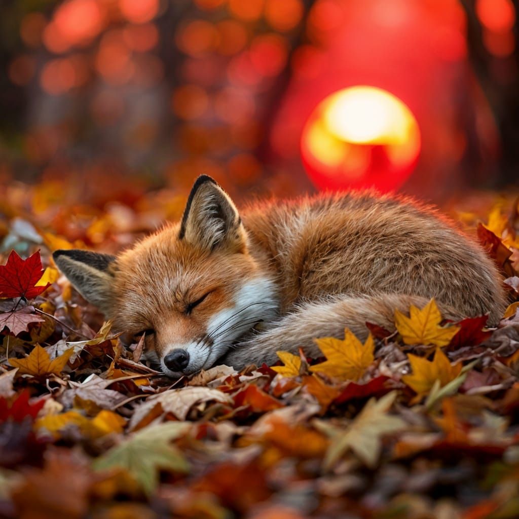 Fox Sleeping in Autumn Leaves at Sunset