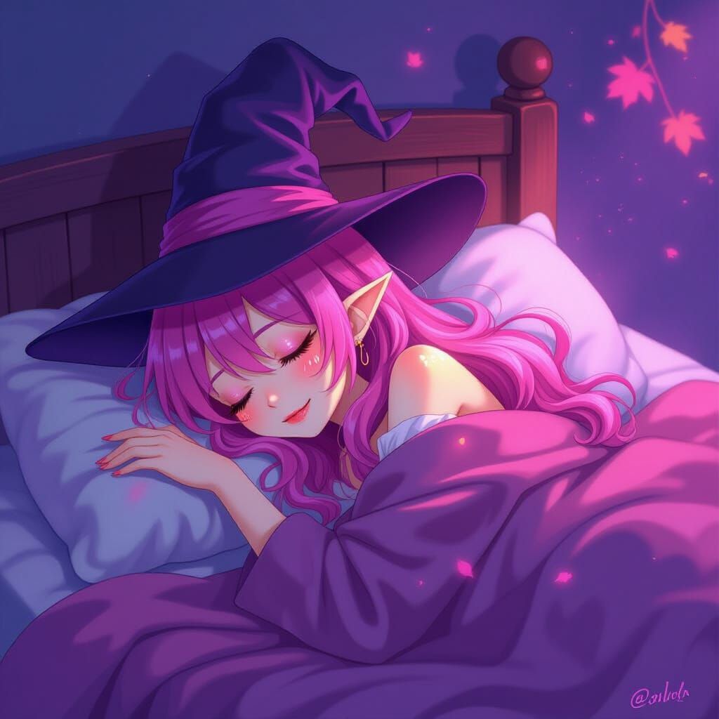 Mystical Anime Witch Sleeping Peacefully in Autumn Night