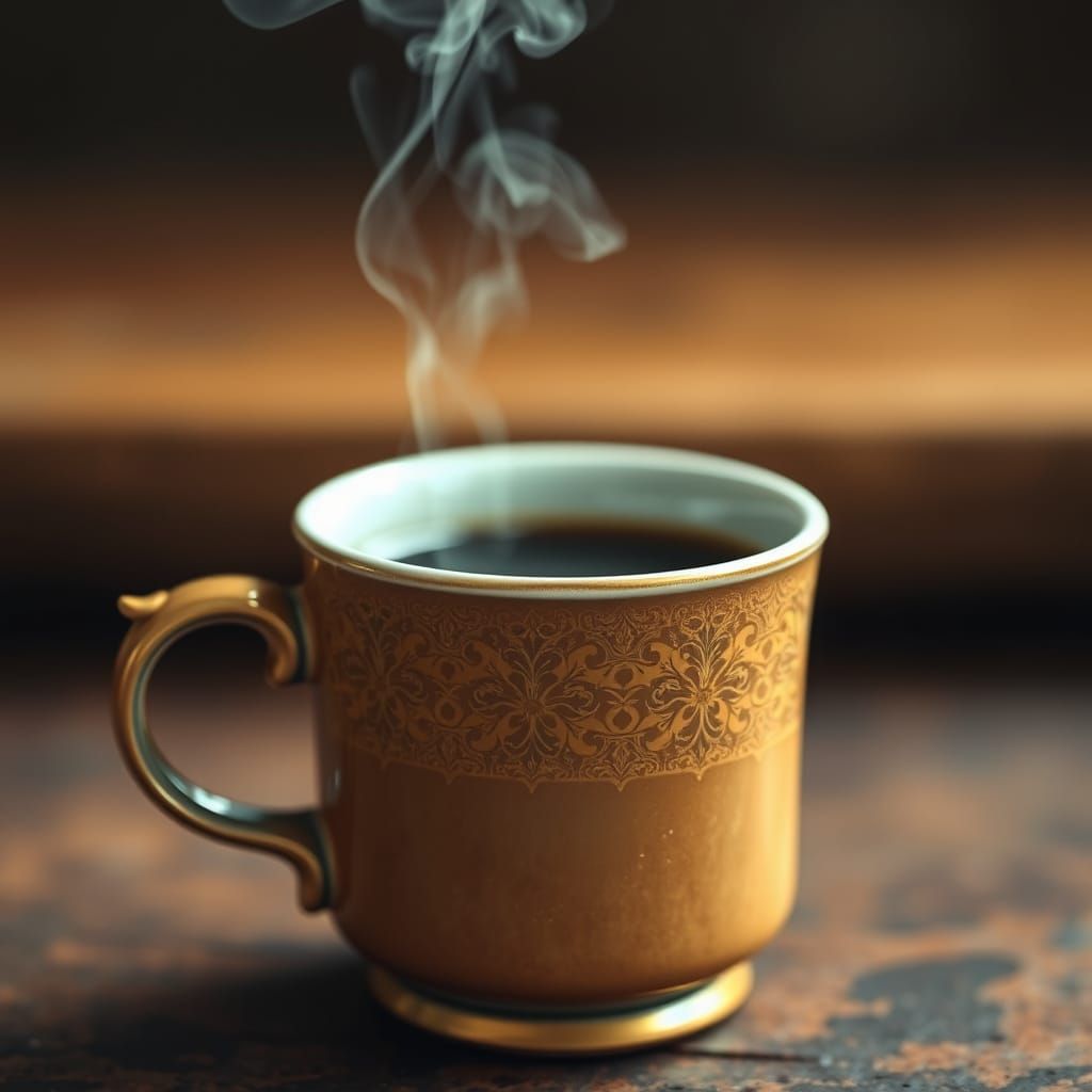 Vintage Ceramic Coffee Cup with Steaming Coffee in Photoreal...