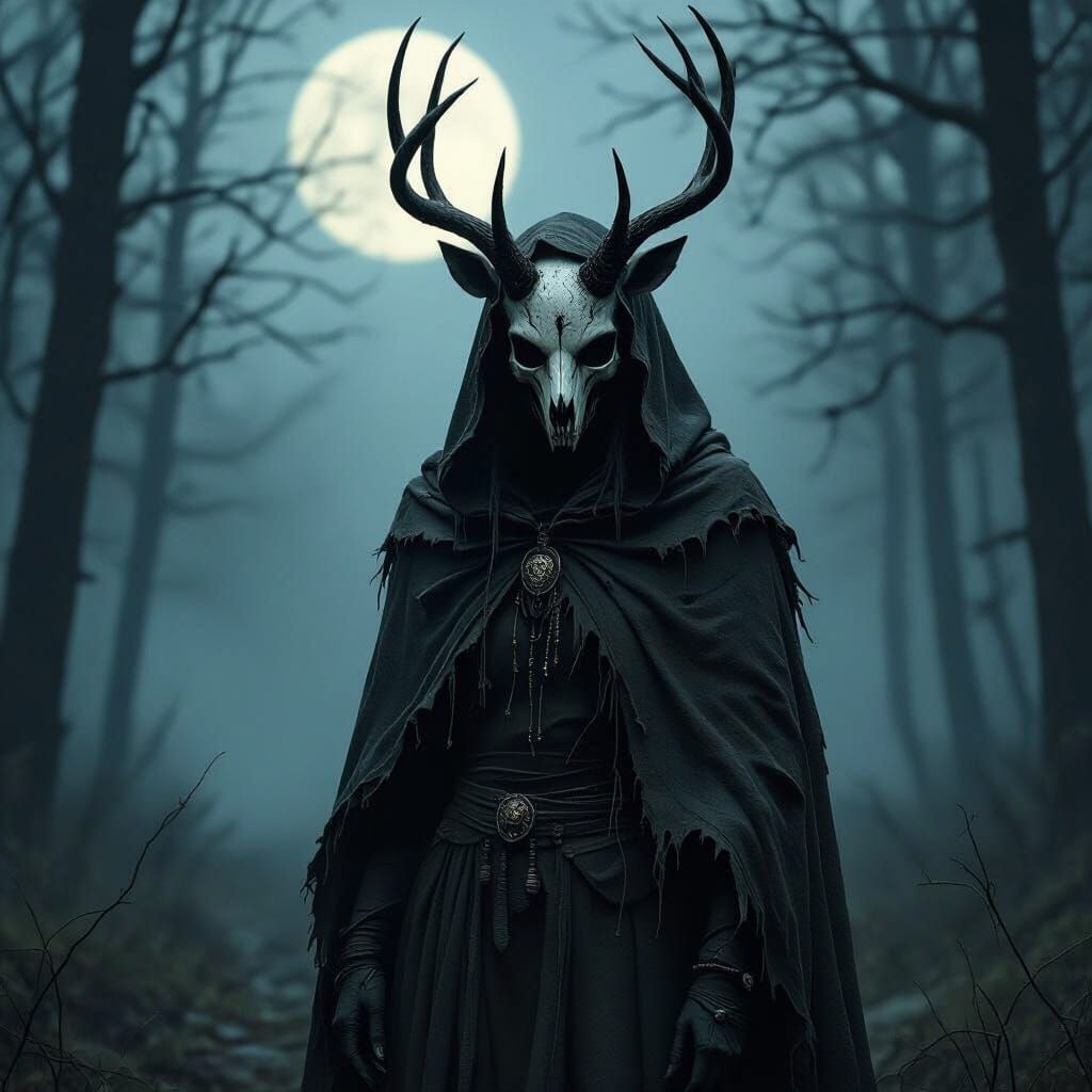 Eerie Horned Cryptid in Dark Gothic Forest