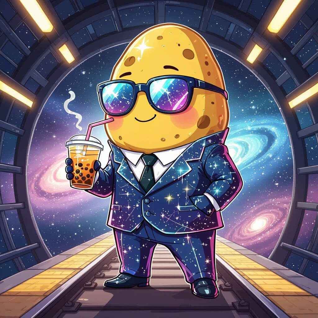 Chibi Potato in Cosmic Suit Sipping Boba Tea