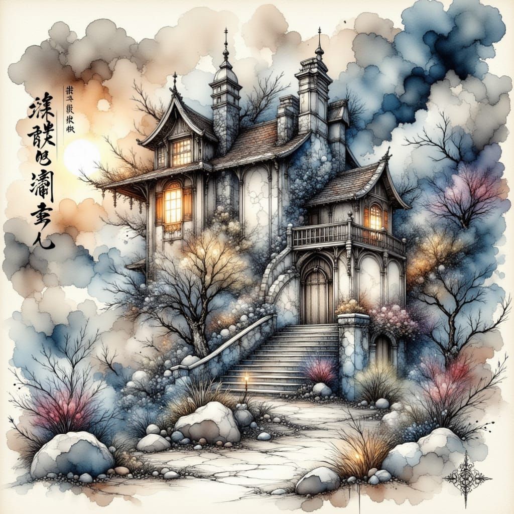 Intricate 3D Ink Wash Painting with Atmospheric Lighting