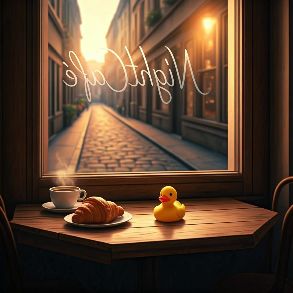 Surreal Cafe Scene with Rubber Duck at Night
