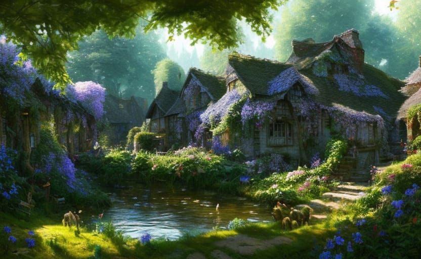 Fairycore Village by River with Lush Gardens