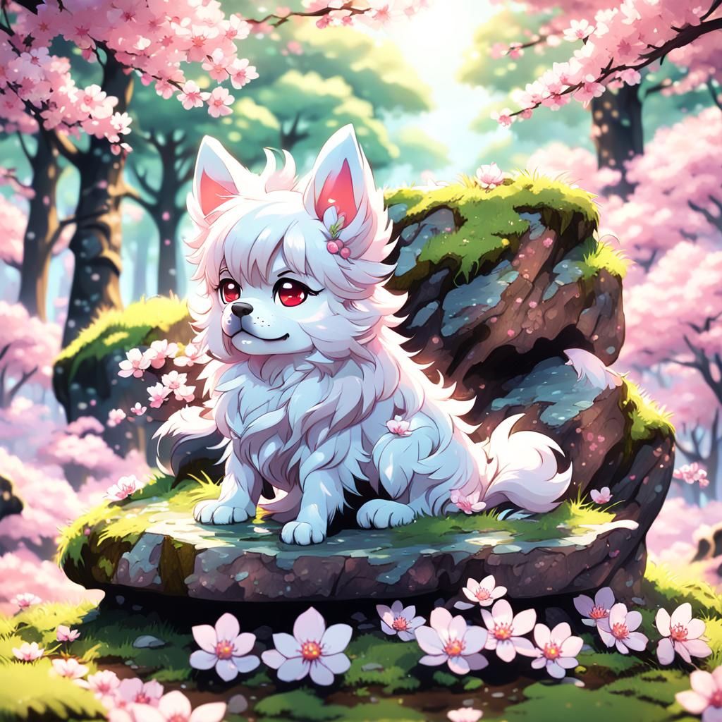 Cute Dog in Cherry Blossom Forest: Chibi 3D Anime