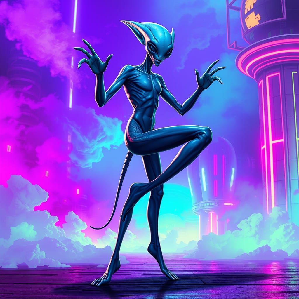 Alien in Cyberpunk Dance Pose with Neon Colors and Iridescen...