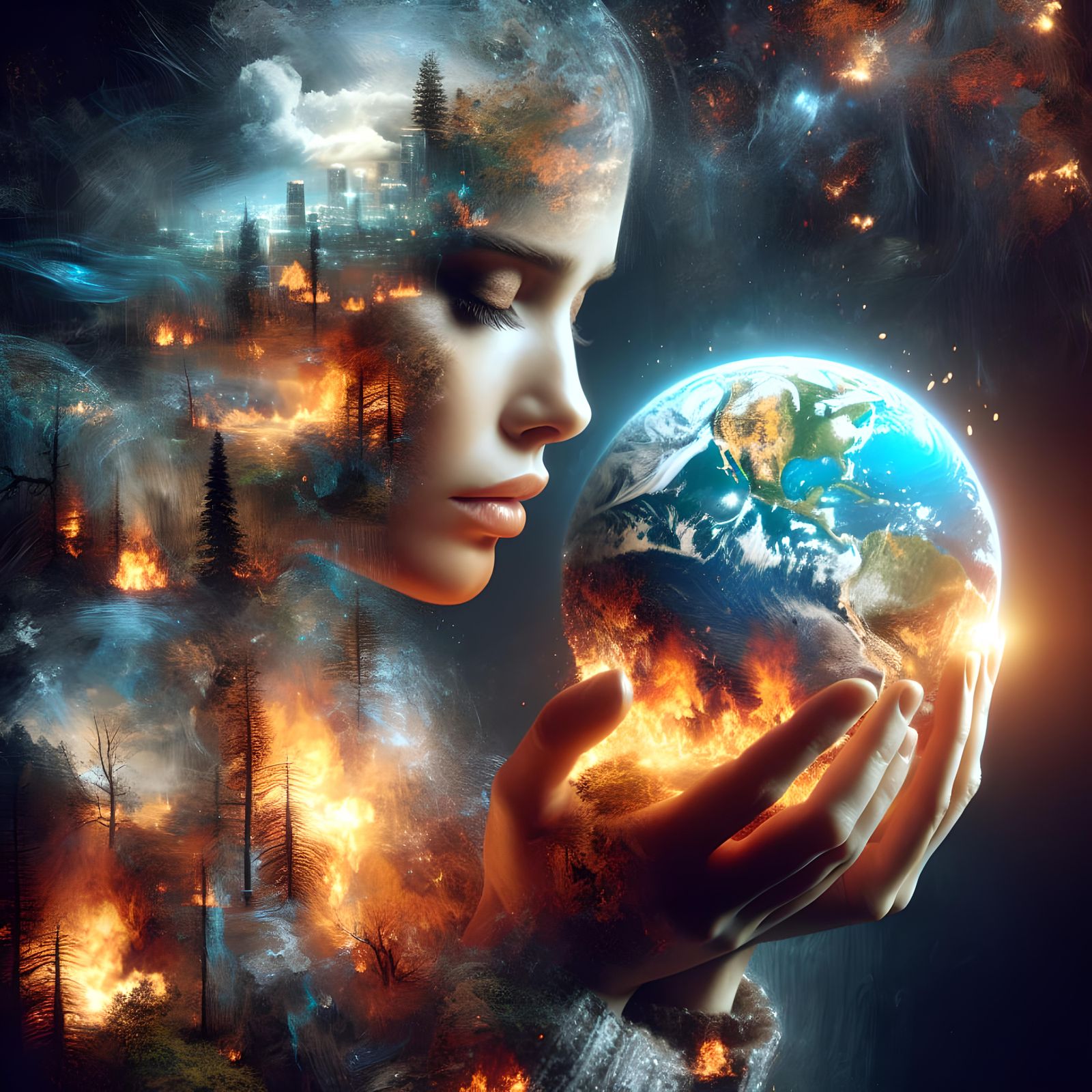 Mother Earth Holds Burning World: Hyperrealistic Digital Art