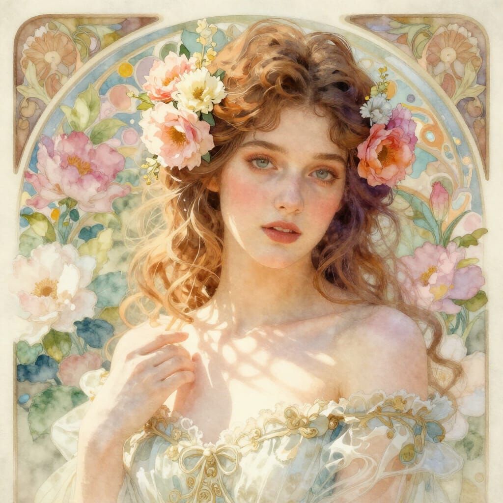 Woman Adorned with Flowers in Pastel Watercolor Style