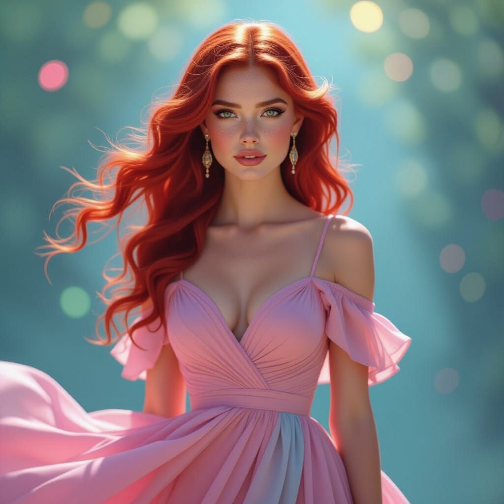 Beautiful Woman in Pink and Blue Dress, Digital Art
