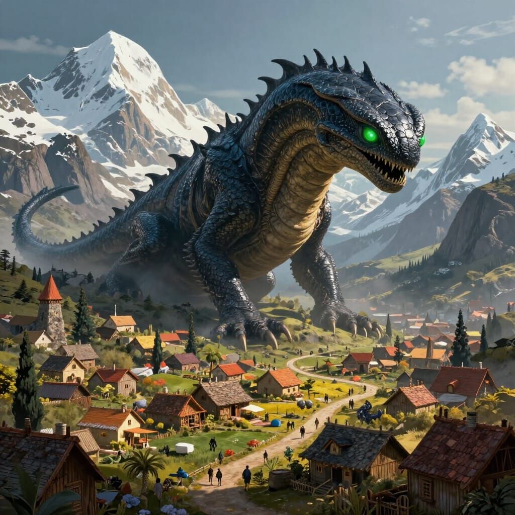 Colossal Sandworm Creature Over Fantasy Village