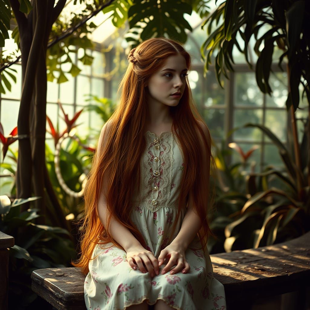 Young Person in Floral Dress in Sunlit Greenhouse