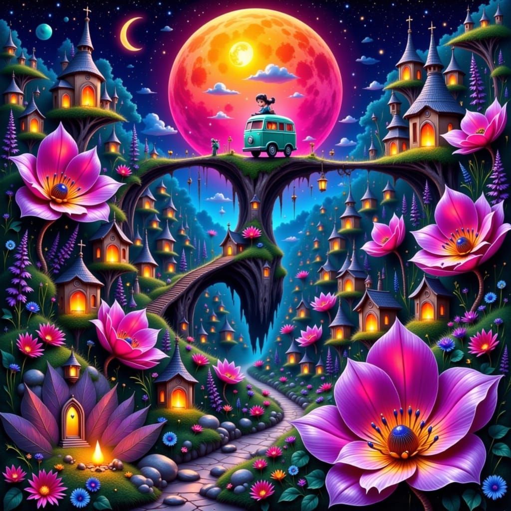 Miniature Village Nestled in Ornate Crescent Moon