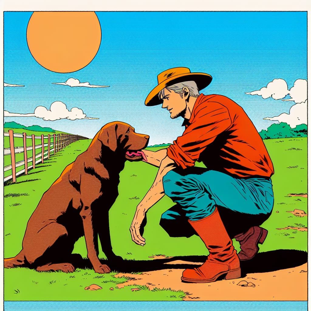 Man Petting Dog in Comic Book Style Digital Art