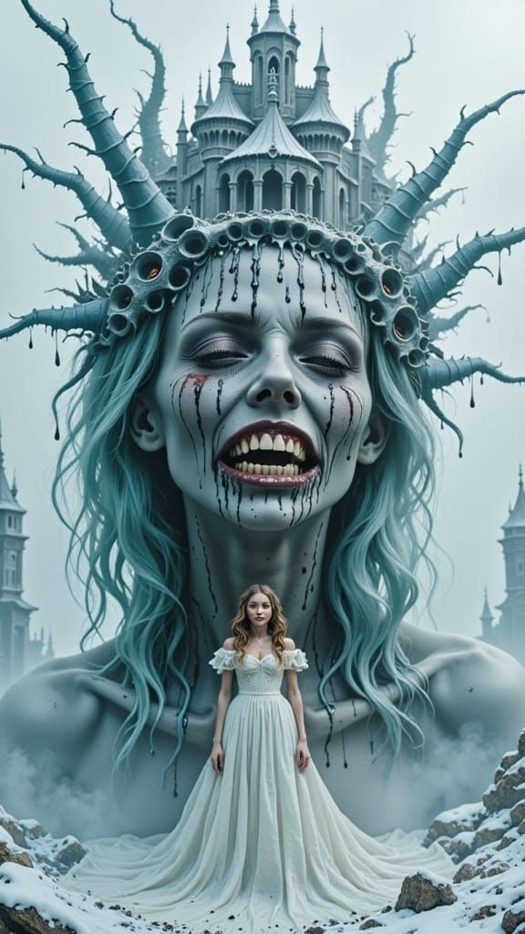 Surreal Winter Castle Rises from a Banshee's Forehead in a D...