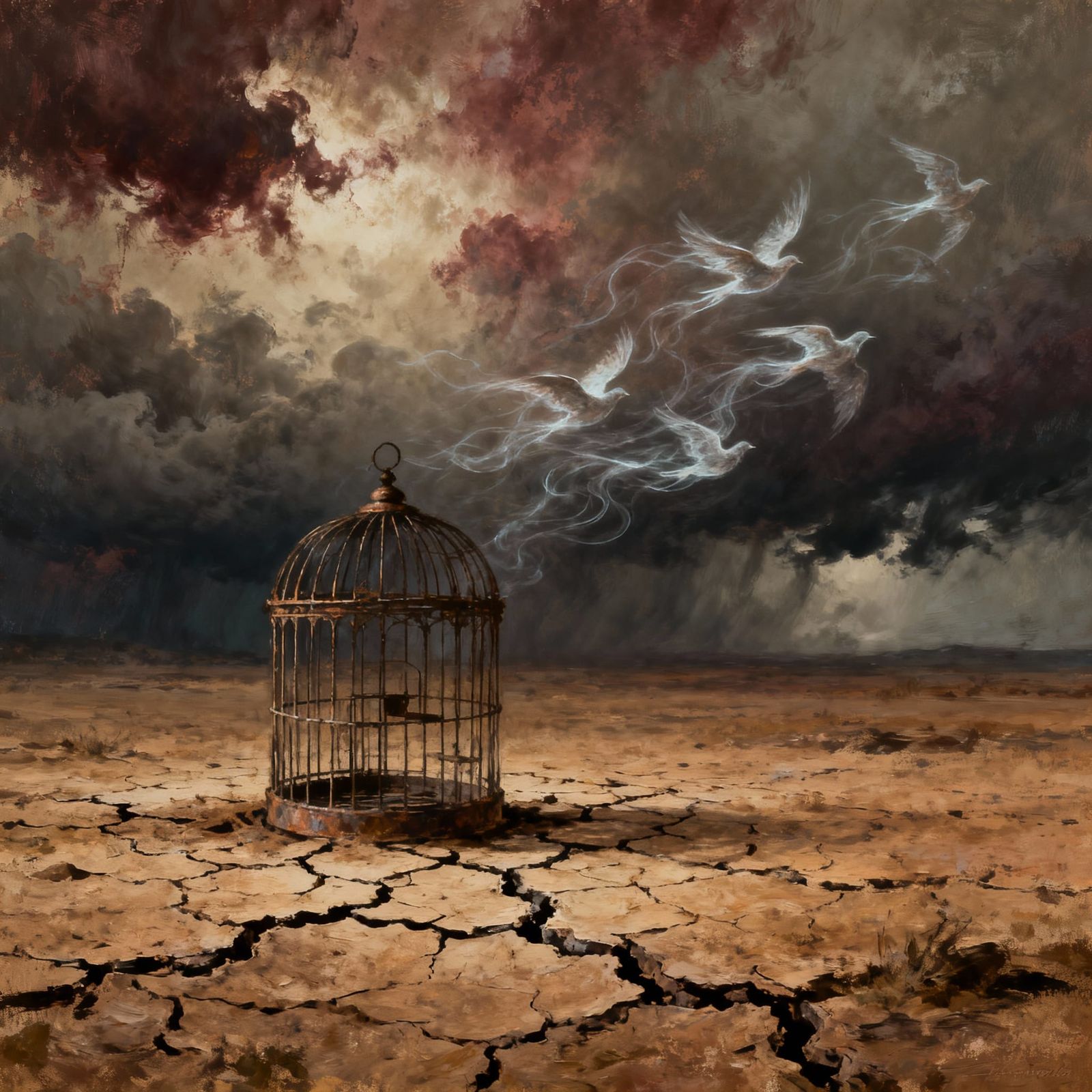 Melancholic Birdcage Symbolizing Lost Freedom